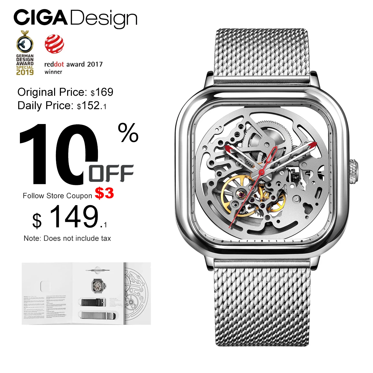 

CIGA Design Mechanical Skeleton Watch for Men Women 316L Stainless Steel Square Case Automatic Movement Wrist Watches Timepiece