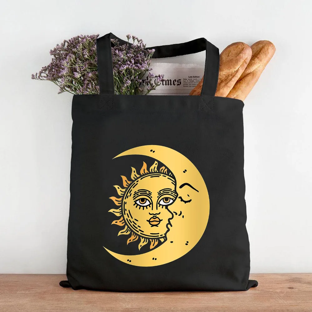 Vintage Celestial Golden Sun Face Moon Star Art Women Canvas Shoulder Bags Harajuku Handbag Tote Eco Shopper Cotton Shopping Bag