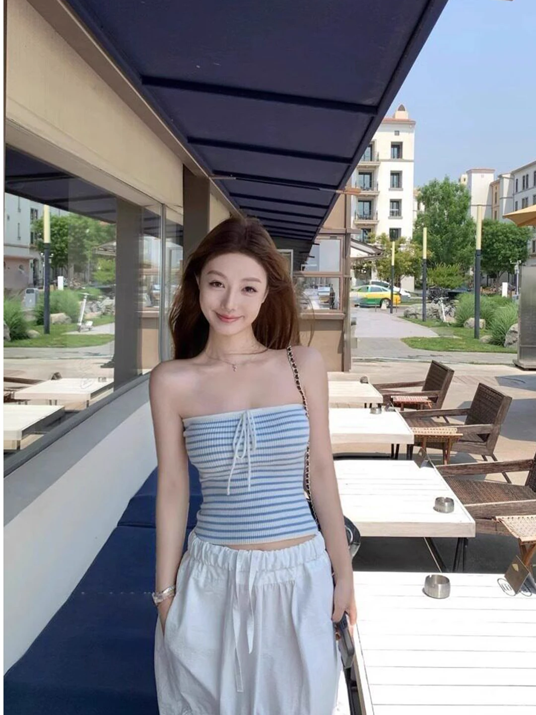 

Blue Striped Tie-Detail Halter Vest Women's Summer New Style Pure Desire Short Outerwear Top Soft Polyester Fiber Commute Style