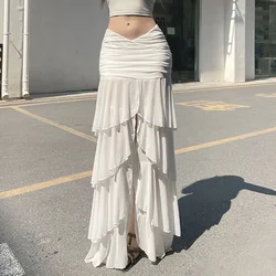 French Fairy Holiday Style Ruffled Mesh Skirt 2024 Autumn New Fashion Low Waist Pleated Casual Loose Slit Long Skirt For Women