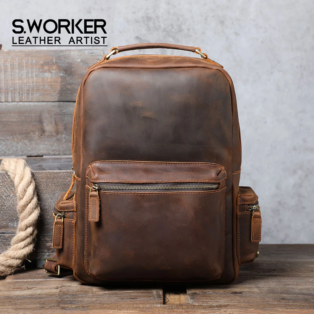 S.WORKER Vintage Echtleder-Rucksack für Herren, Große Laptop-Schultertasche aus Rindsleder, Klassische Vintage Crazy Horse Schultasche für Reisen – Detail 2