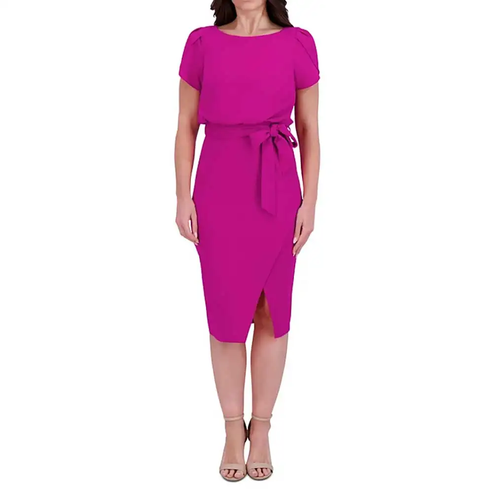 

Elegant Mother of the Bride Dress Short Sleeve Boat Neck Belted Bowknot Midi Mother Dress Wedding Party Cocktail Evening Gowns