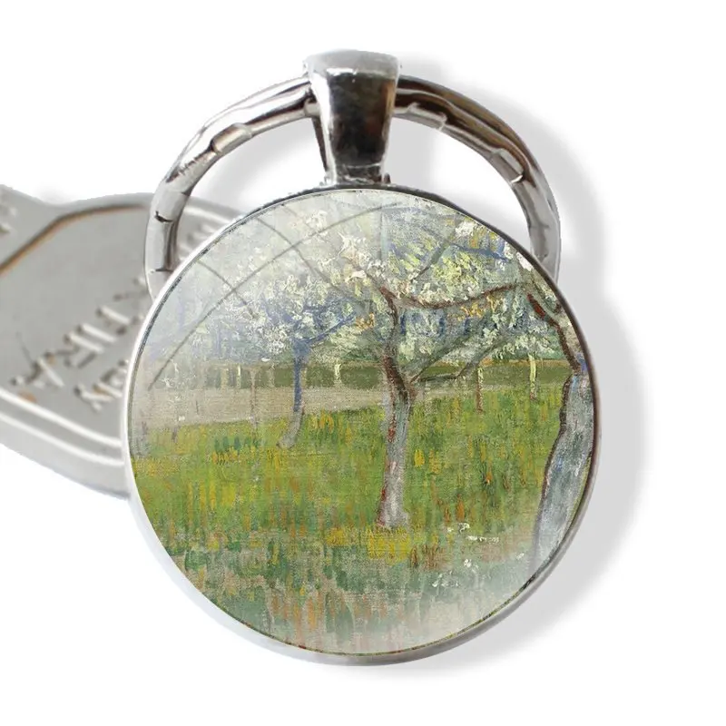 25mm Glass Cabohcon Keychain Key Rings for Women Men Jewelry Gift Van Gogh Landscae Flower Oil Painting