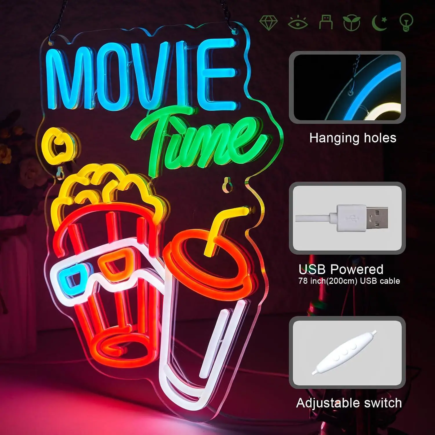 Movie Time Neon Sign USB Dimmable LED Lights For Cinema Film Themed Home Theater Man Cave Party Wall Art Decor Storefront Sign
