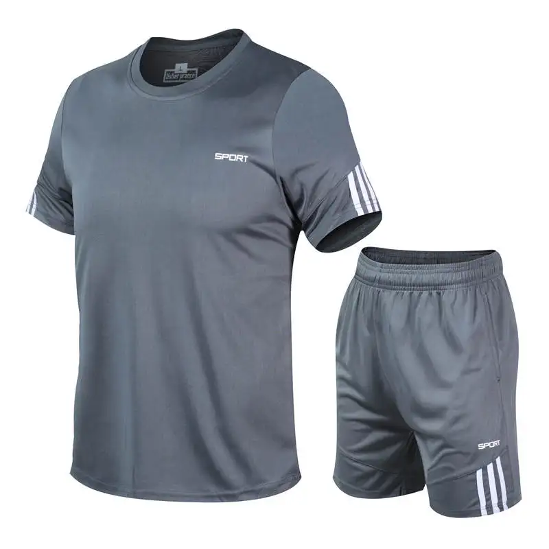 Men's Quick Drying Set Sports T-shirt Shorts Solid Color Round Neck Short Sleeved Ice Silk Top Running Fitness