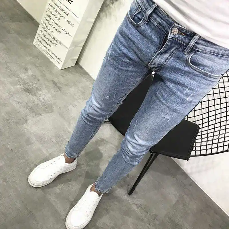 Luxury Brand Men's Summer New Korean Style Slim Stretch Cropped Light Blue Skinny Jeans Pants Popular for Working Man Clothing