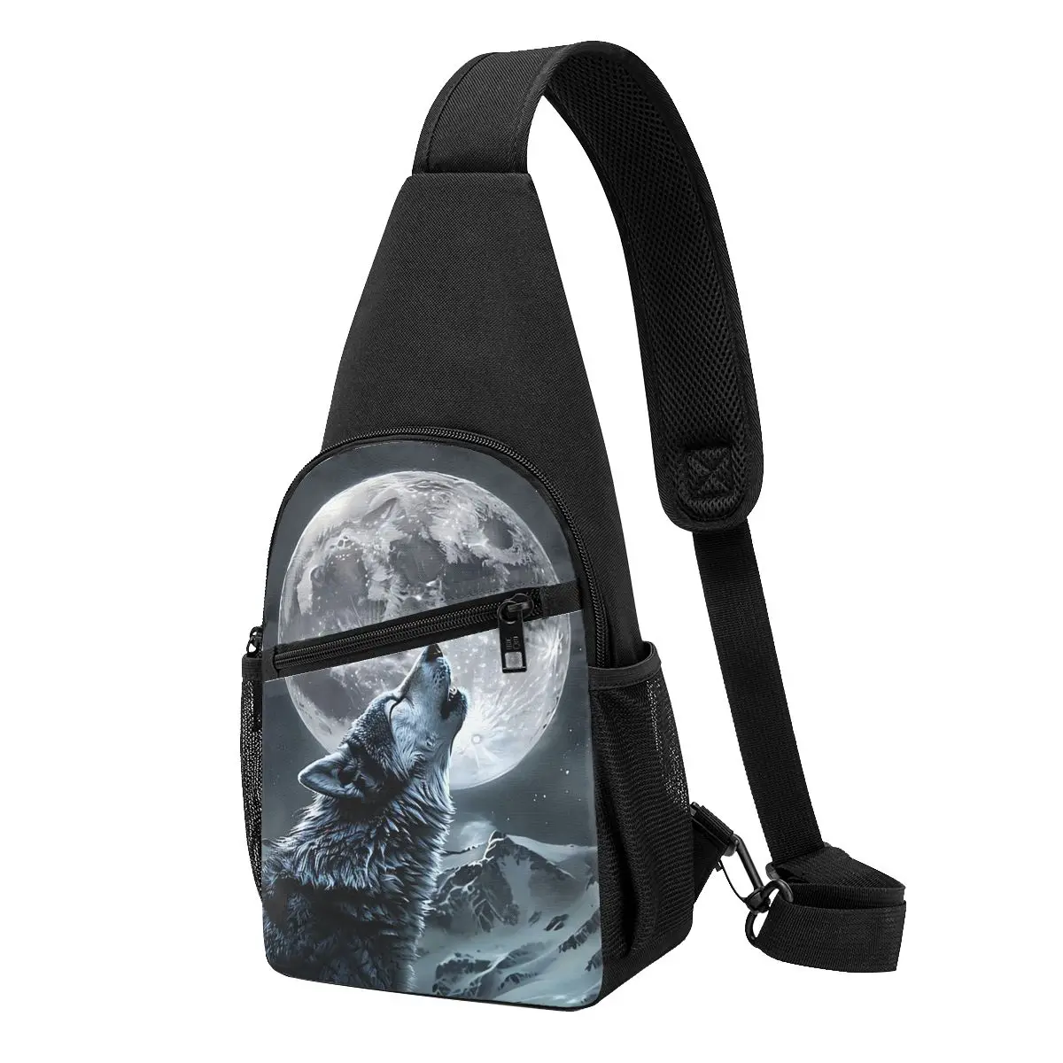 Howling Wolf Under The Moonlight Print Chest Bag Men Sling Crossbody Backpack Chest Bag Travel Hiking Daypack Shoulder Bag