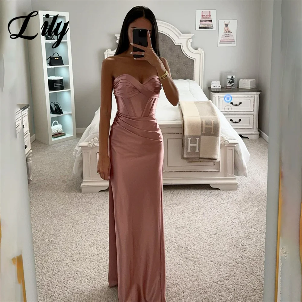 Lily Elegant Pink Wedding Party Dress Stain Sweetheart Celebrity Dress Pleat Special Occasion Dress with Split robes du soir