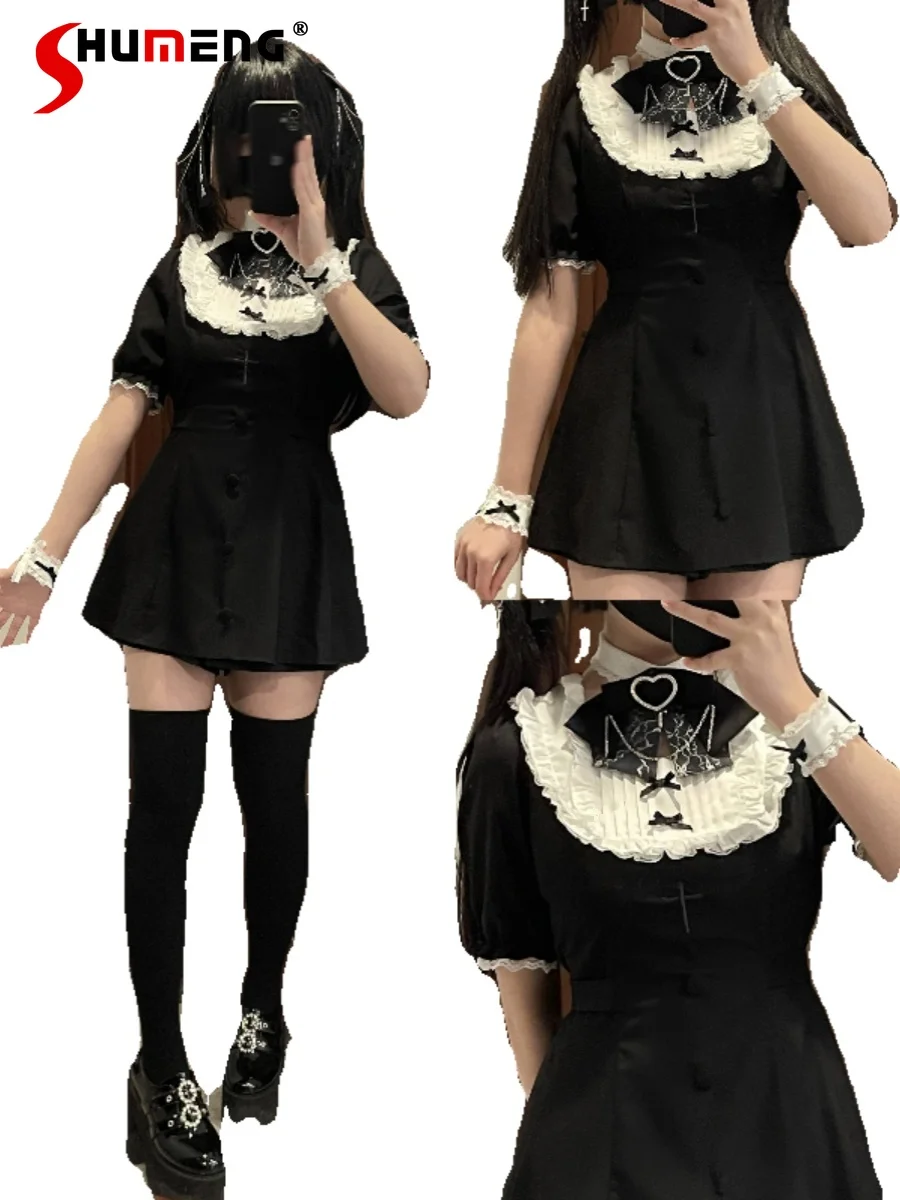 Japanese Mine Sets 2 Pieces Sweet Lace Black White Stitching Short Sleeve Embroidery Shirt and Mass-Produced Slim Waist Shorts