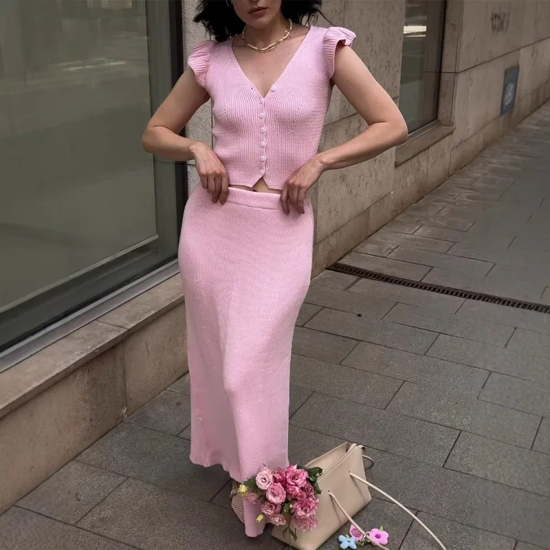 

Tsiisd Elegance Knit 2 Piece-Set Women V-Neck Ruffle Sleeve Top High Waist Bodycon Skirt Party Evening Sets Women Outfits 2026