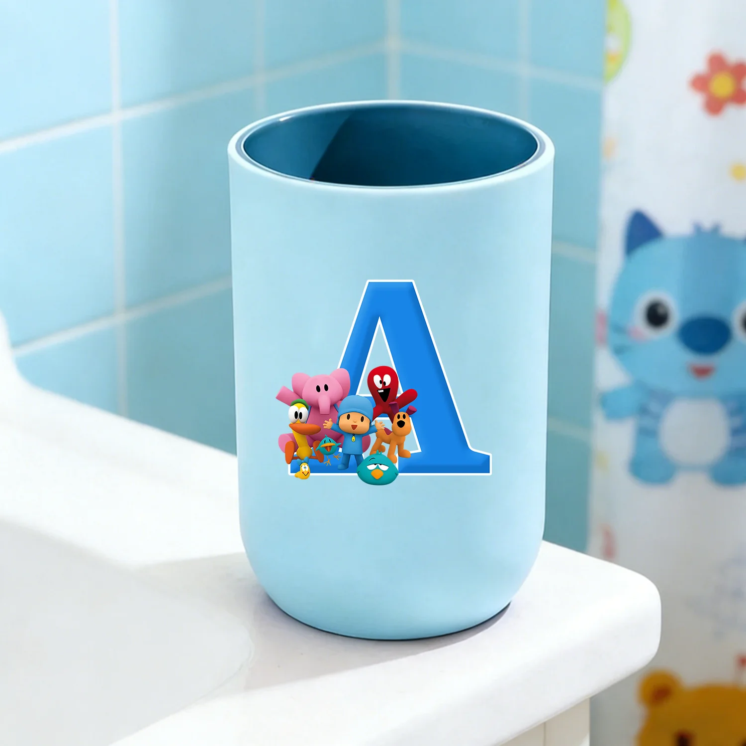 Pocoyos Blue Water Cup 26 Cartoon Letter Toothbrush Cup Plastic Mouthwash Cup Kawaii Children Anime Cups Boys Girl Birthday Gift