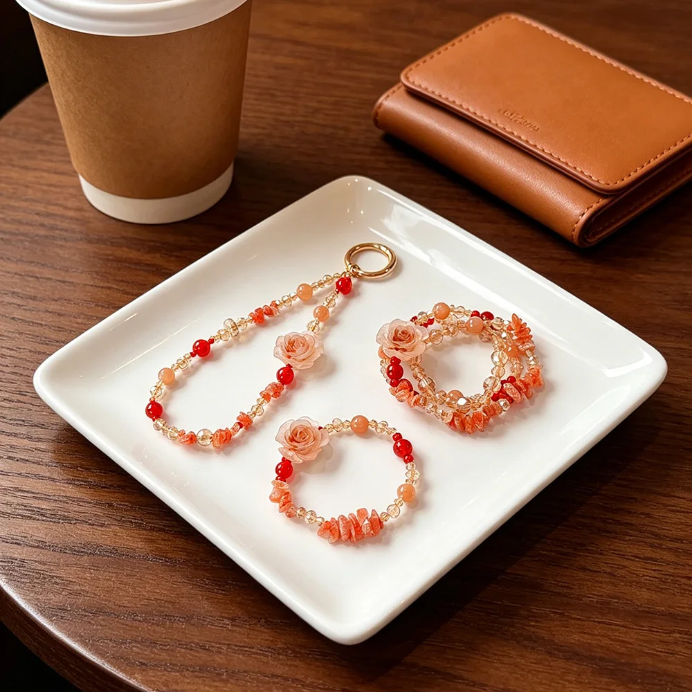 

Romantic Flower Charm Red Agate & Sunstone Bracelet Women Sparkling Crystal Single & Triple Strand Beaded Bracelets Jewelry