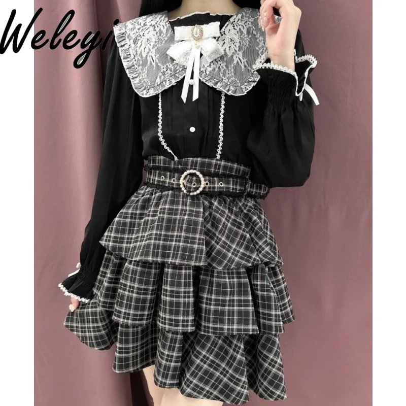 Japanese Ropa Mujer Rojita Camisas E Blusas Tops 2024 Autumn Cute Sailor Lace Composite Mine Puff Sleeve Lace-up Bottoming Shirt