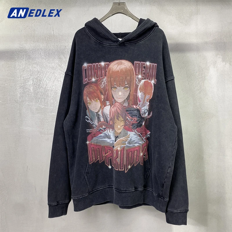 Men Washed Sweatshirt Oversized Cotton Hoodies Vintage Anime Girl Print Harajuku Sweatshirt Hip Hop Autumn Black Hoodie