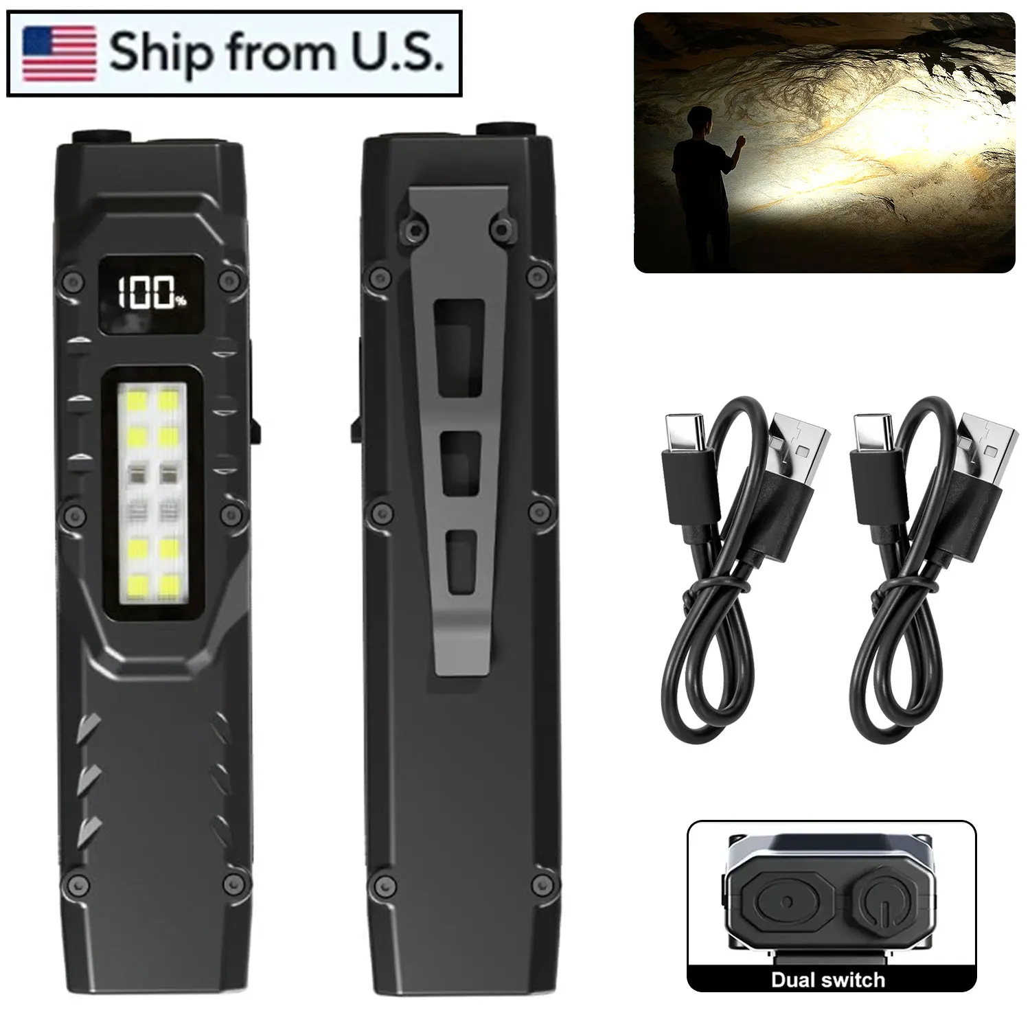 

Перезаряжаемый тактический фонарик USB-C, 1500 люмен, тонкий плоский фонарь с прожектором, прожектор, стробоскопические режимы, цифровой дисплей