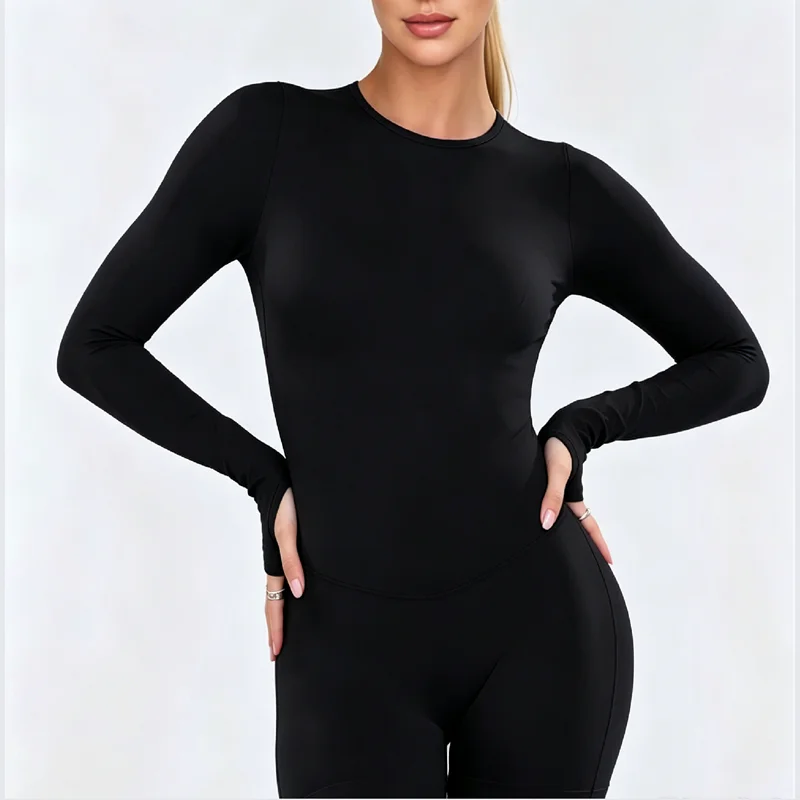 HISTELLO High Elastic Long Sleeve One Piece Women Hollow Back Bodycon Slim Soft Stretch Gym Fitness Run Sport Jumpsuit