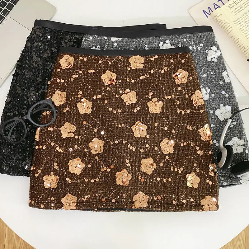 Women Brown A-line Mini Wrap Skirt Vintage Sequins Skirt Harajuku Korean Style Y2k Short Skirts 2000s Clothes Spring Summer 2026