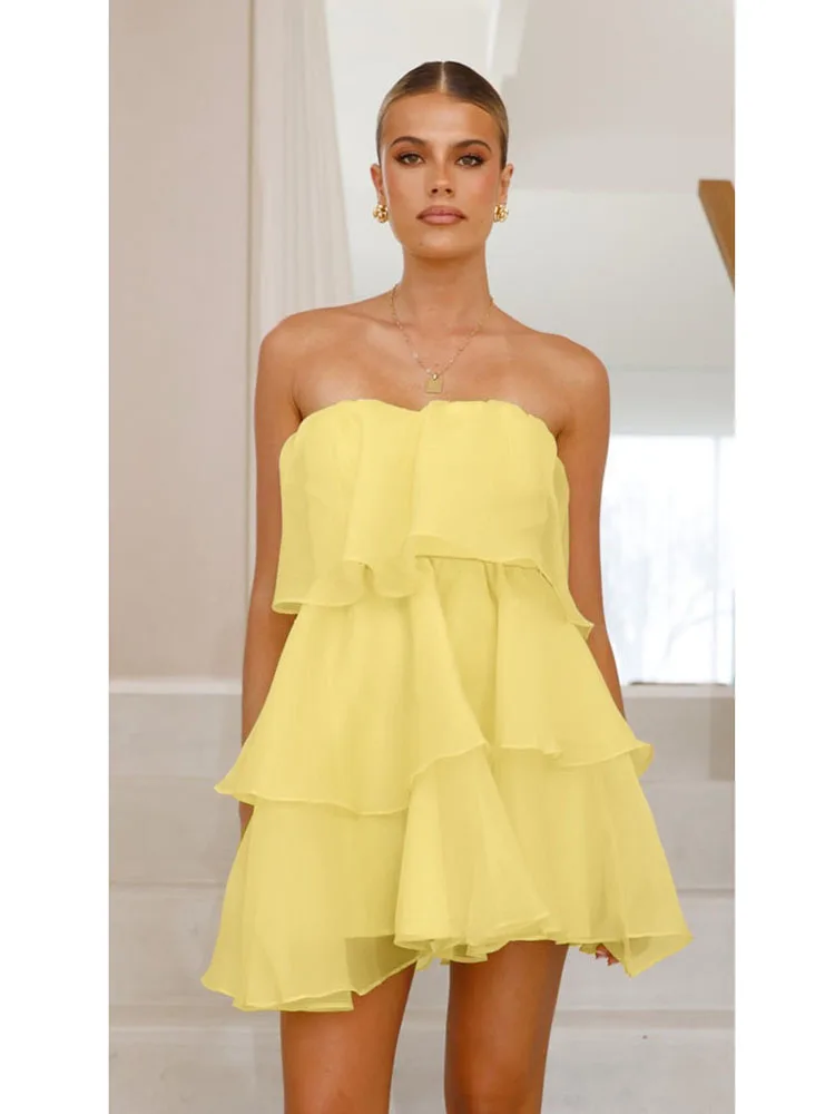 

2025 New Fashionable Elegant Strapless Dress Women's Solid Sleeveless Backless A-Line Pleated Tiered Mini Dress Party Club Gown