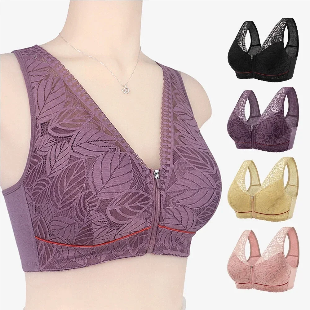 S-6XL Leaves Print Sports Yoga Bra Cotton Cups Front Zipper Underwear Breathable Women Tank Top Lace Large Size Bra Underwear