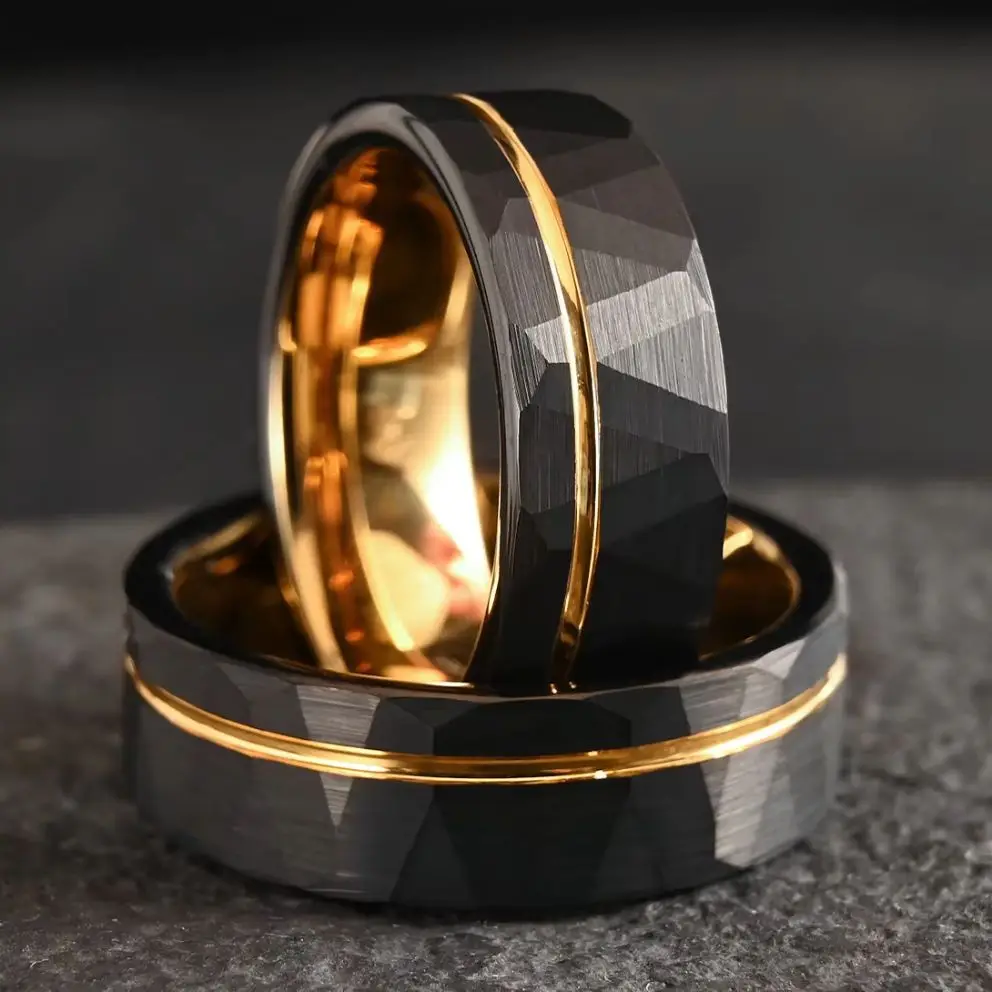 Gold/Blue/Black/Rose Gold Tungsten Carbide Ring Classic Hammered Wedding Bands for Men Women Fashion Engagement Promise Rings