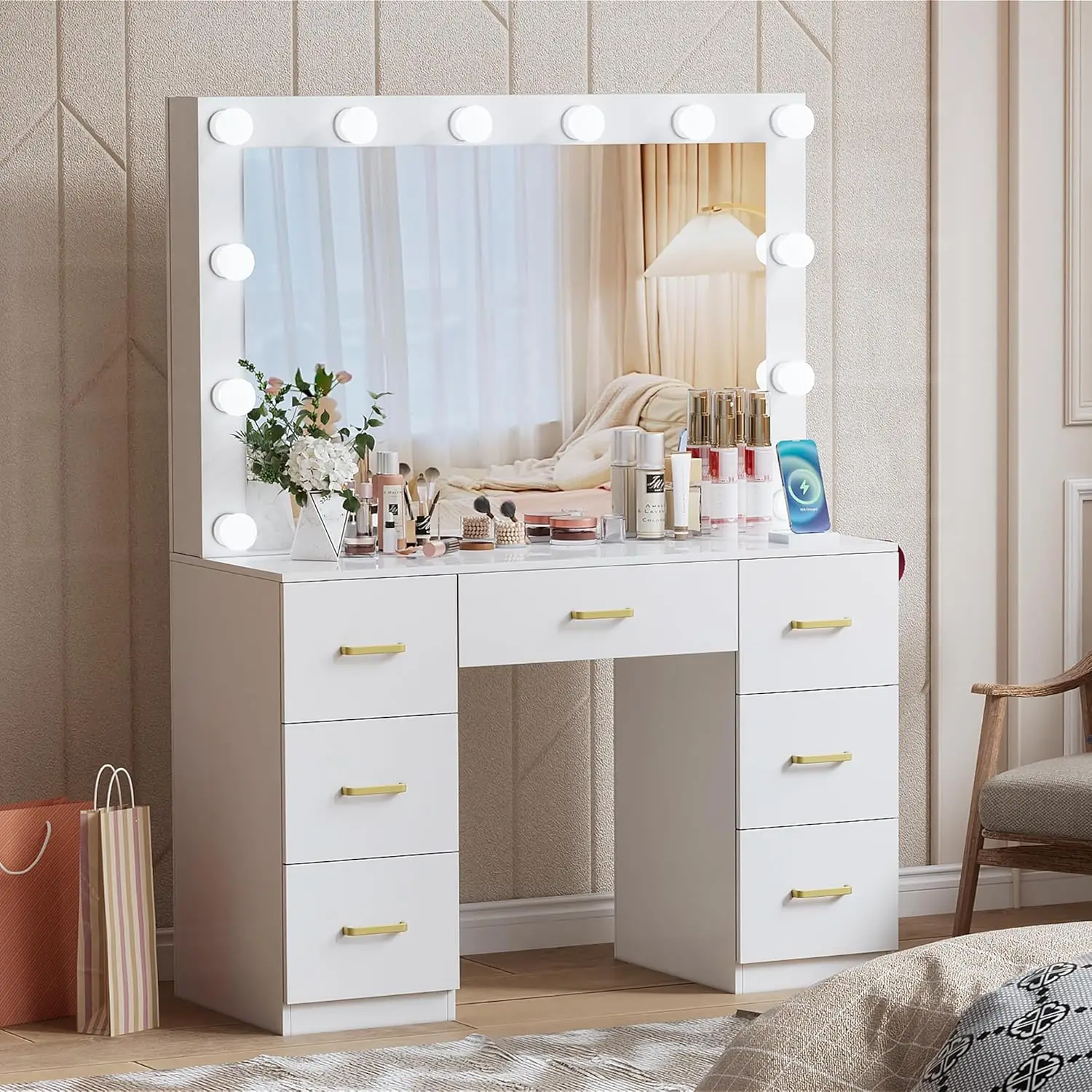 White Makeup Vanity Desk with Lighted Mirror & Power Outlet,3 Color Modes, Brightness Adjustable,Vanity Table with Drawer,Slidin