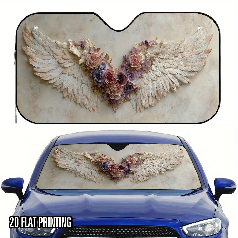 

1 шт. Автомобильный солнцезащитный козырек с белым цветочным принтом крыльев ангела — складной, стильный и прохладный, простая установка с 4 присосками, подходит для внедорожников, седанов,