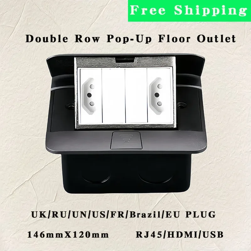 146mmX120mm Double Row Pop-Up Floor Outlet EU/FR/Brazil/RU/US/UK/UN Plug Slow Pop Up Ground Outlet RJ45/HDMI/USB 220V 16A