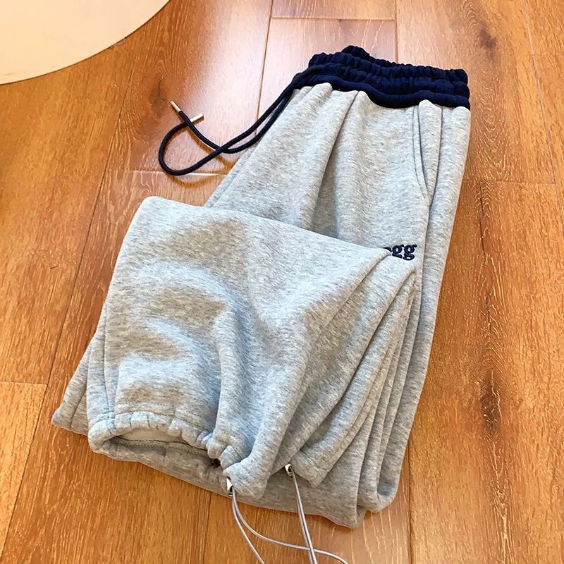 Pantalones de pierna ancha de retales gruesos de felpa Y2K, pantalones de chándal holgados con cordón de cintura alta, moda de invierno, ropa de calle cálida, Pantalones rectos