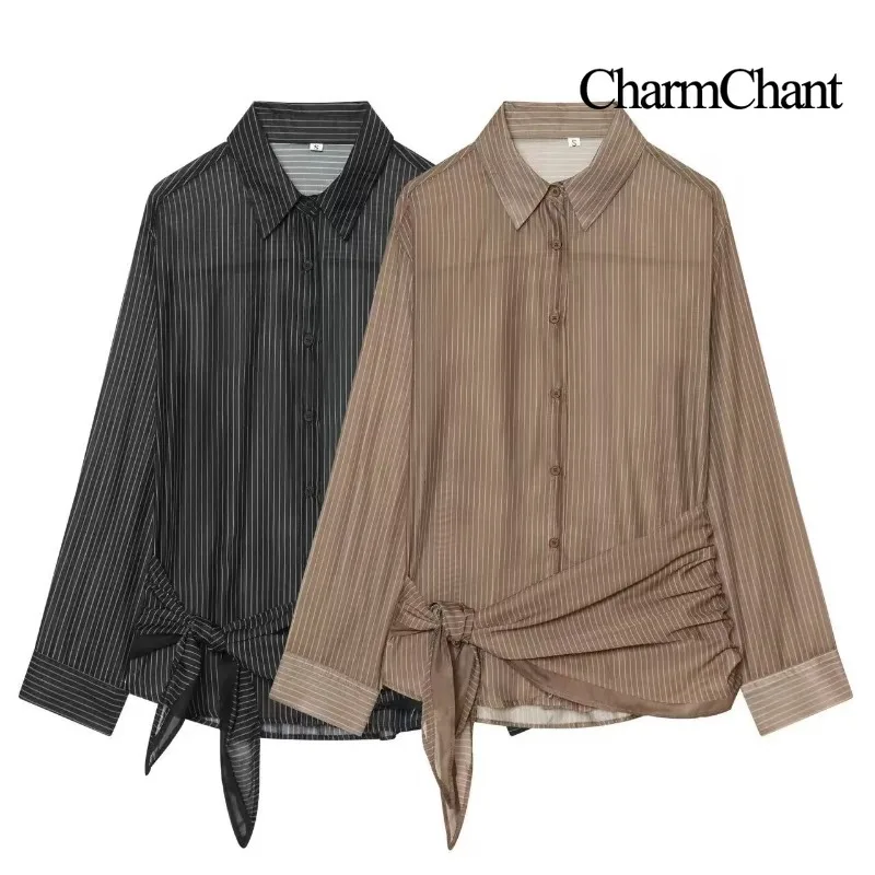 CHARMCHANT Women Striped Long Sleeve Shirt Casual Loose Fit Solid Color Button Down Blouse Office Lady Workwear Top