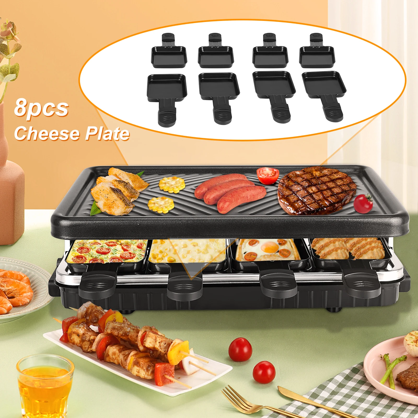 Grill Korean BBQ Grill Indoor Cheese Raclette For 8 Person Non-Stick Surface Temperature Control Safe