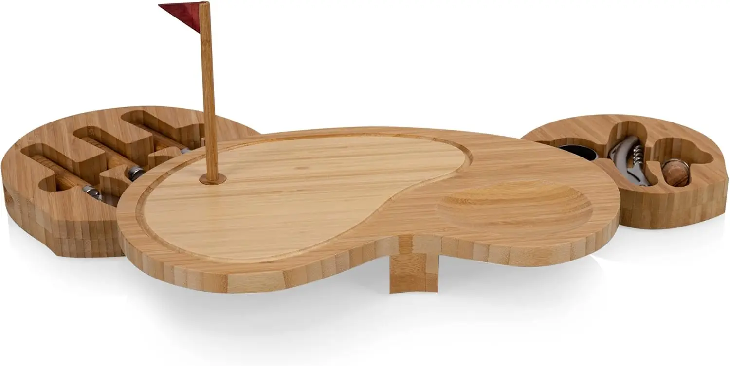 Bamboo Golf-Themed Cheese Board Set with Knives and Wine Tools