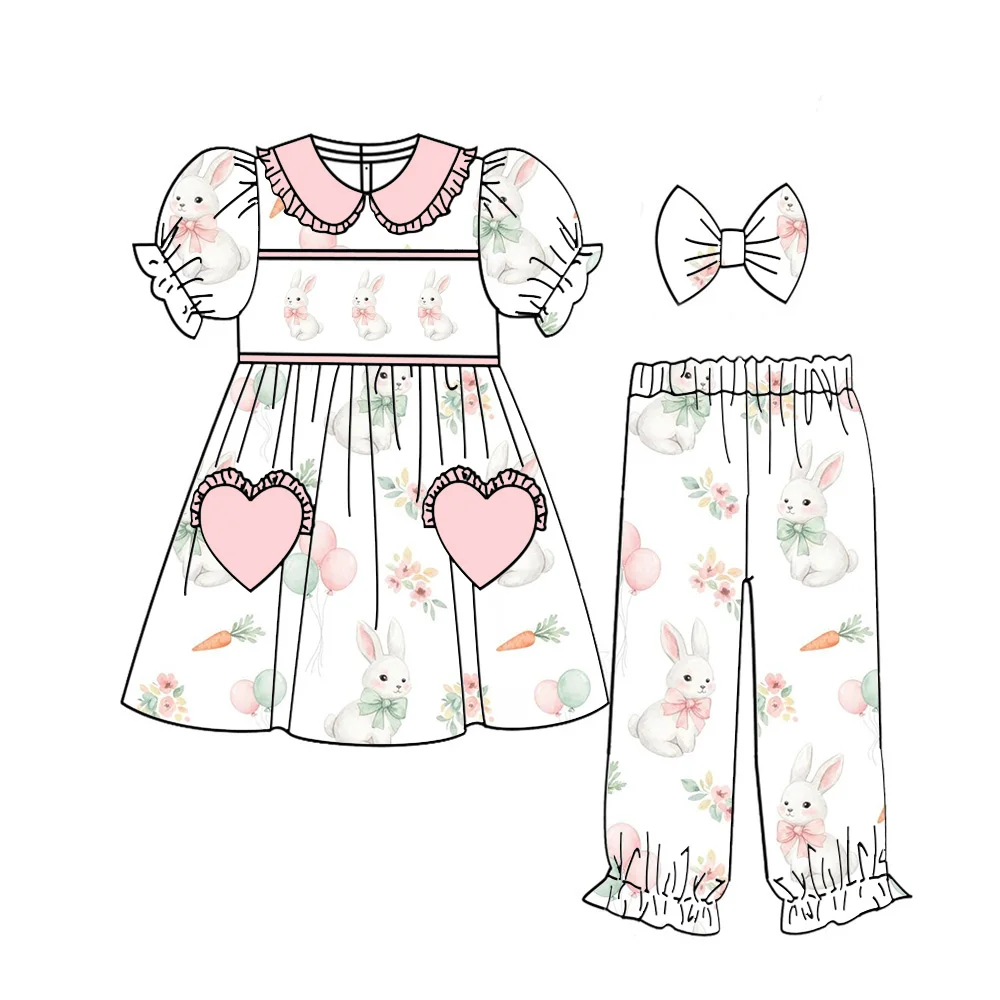 Easter pajama set boys and girls featuring short-sleeved top and trousers printed rabbit and carrot patterns matching kids robes