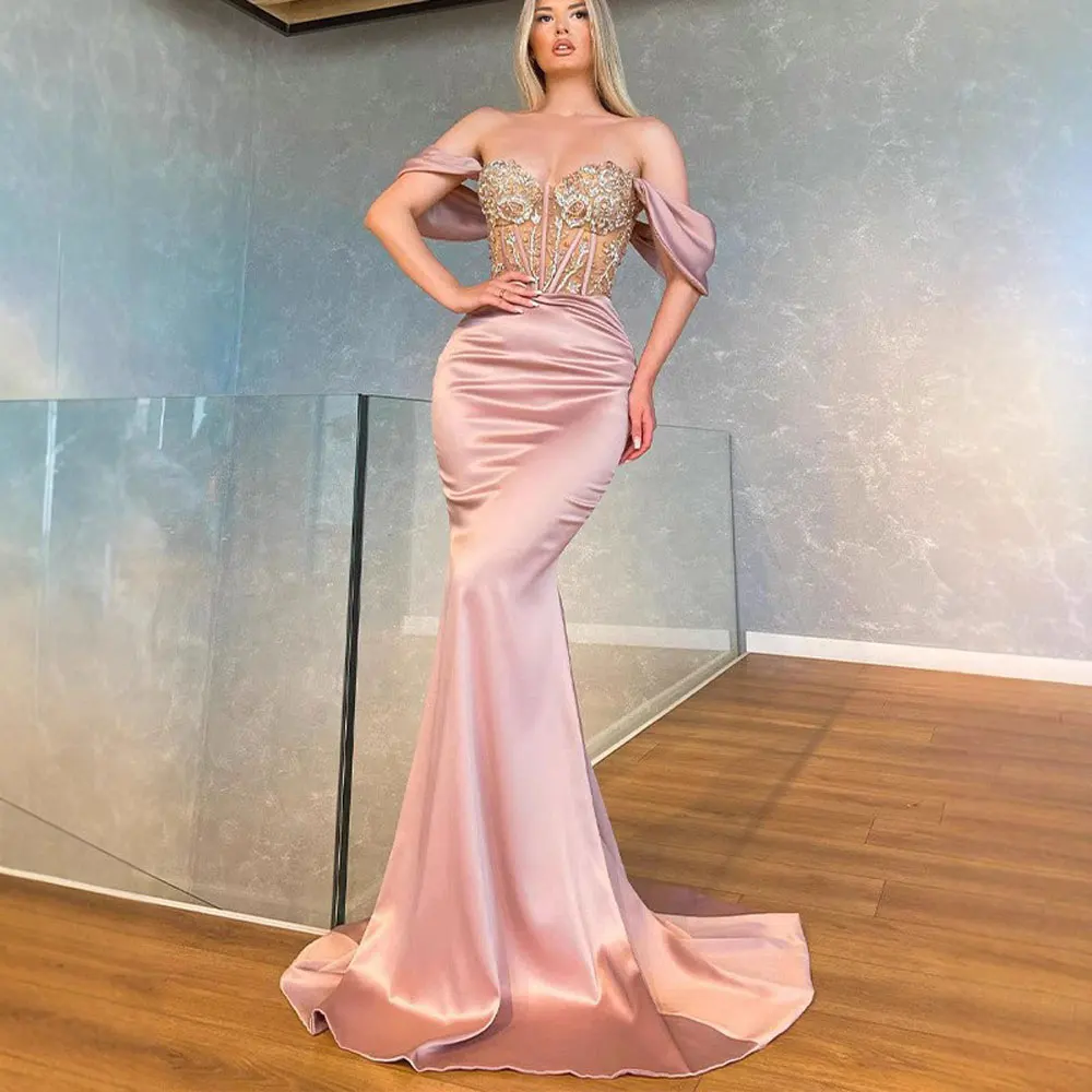 New Beading Crystal Satin Mermaid Evening Dresses Off The Shoulder Prom Gowns Dubai Women Pleats Formal Party Vestidos De noche