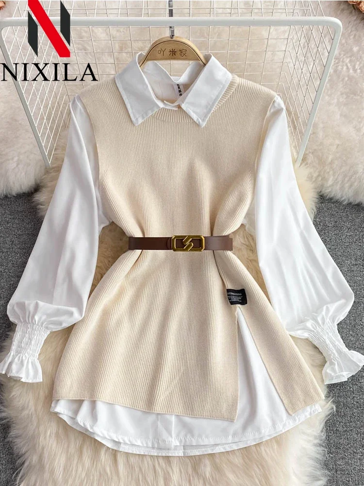 New Autumn Women Fashion Korean Office Lady Lapel Lantern Sleeves White Shirt V-neck Pullover Knitted Vest Casual Two-piece Set