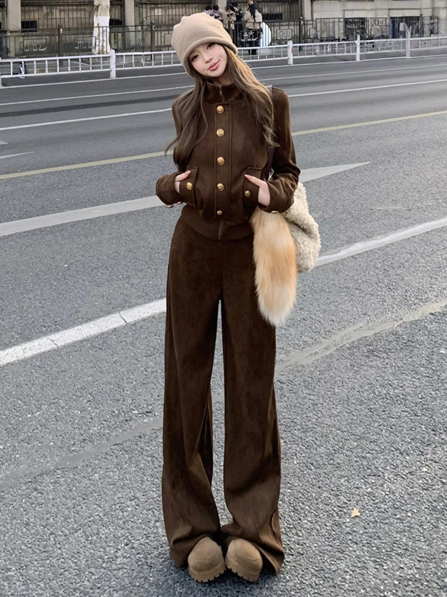 

Fashionable Casual Women's Long Sleeve Set Spring New Design Two-Piece Suit Wide Leg Pants Cardigan Outerwear Warmth Built-In