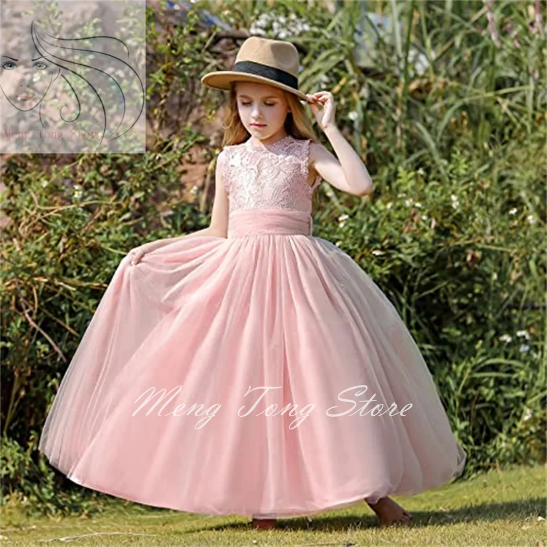 Rosa Tüll flauschige Blumen mädchen Kleid Spitze ärmellose Applikation für Hochzeit Kinder Prinzessin Geburtstags feier Erstkommunion Ballkleider