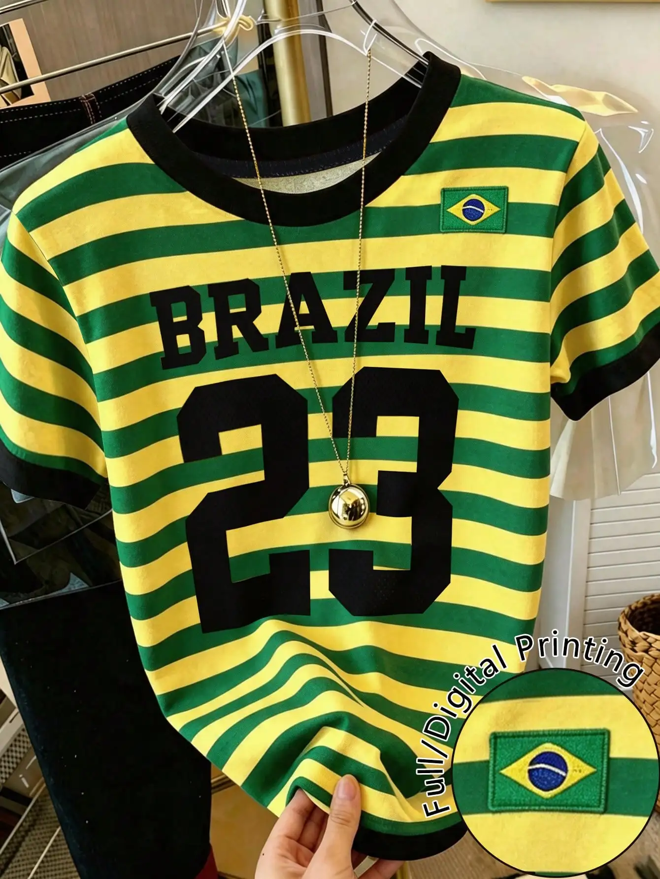 2026 Women Ringer T‑Shirt Black Trim O‑Neck Short Sleeve Tee Green Yellow Stripe Brazil Flag Number 23 Print Slim Fan Casual Top