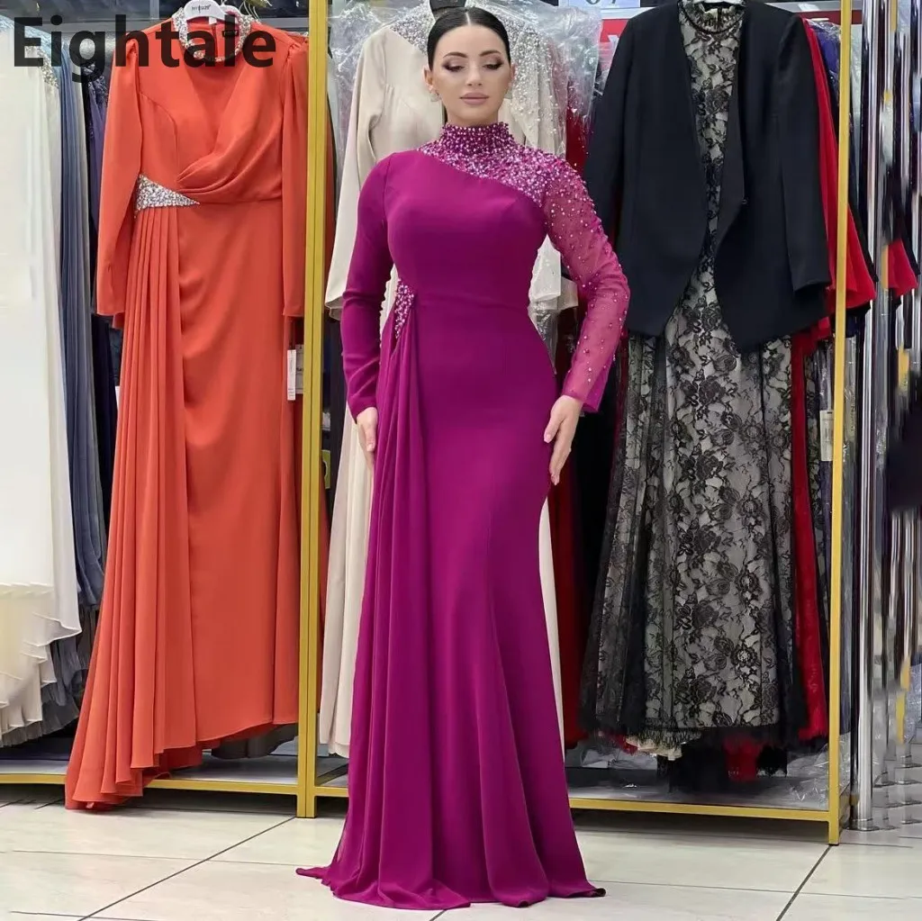 

Eightale 2025 Mermaid Fuchsia Long Sleeve Evening Dress Beaded High Neck Prom Dress Saudi Arabic Party Gown Customized