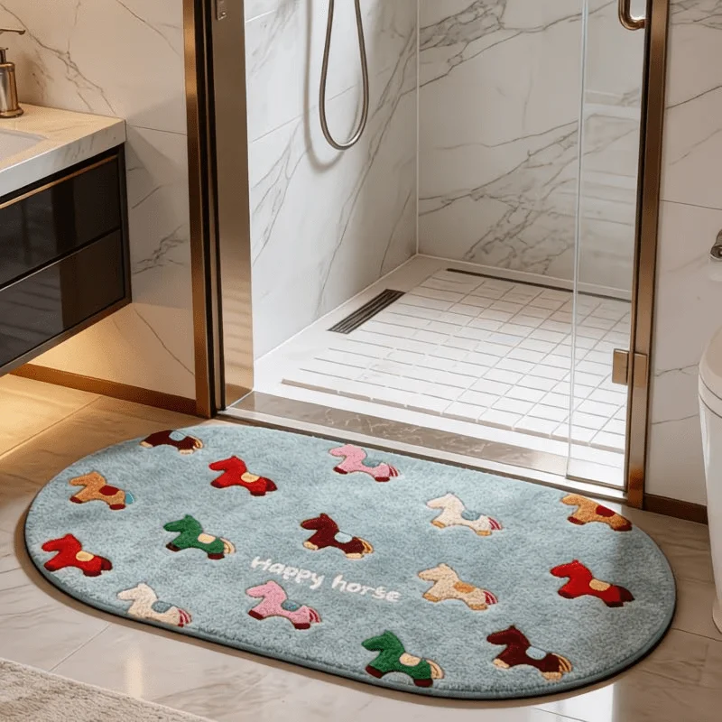 Oval Colorful Rocking Horse Flannel Bath Mat Fluffy Plush Skin Friendly Grip Bottom Kids Bathroom Rug For Nursery Toddler Shower