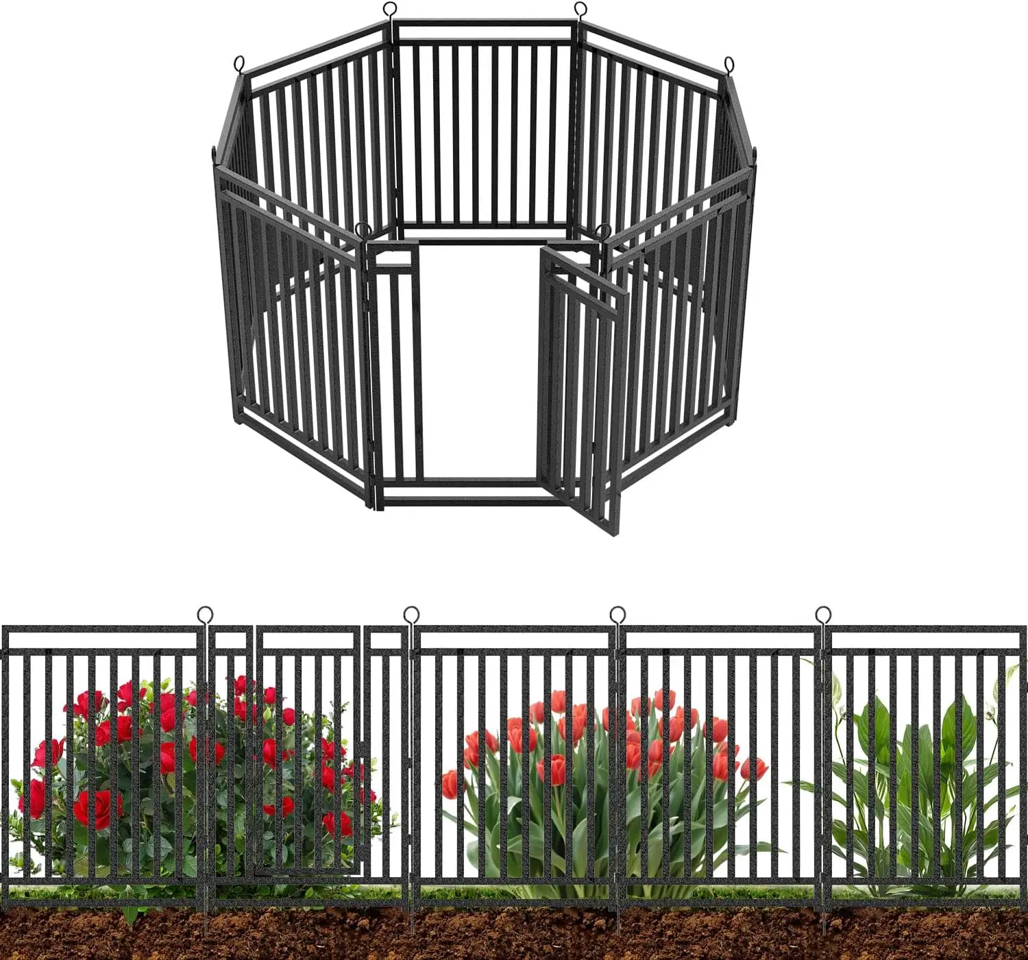 18ft (L) × 40in (H), 7 Panels + 1 Gate, Heavy Duty Animal Barrier Fencing for Patio & Flower Bed, No Dig, Black-Silver