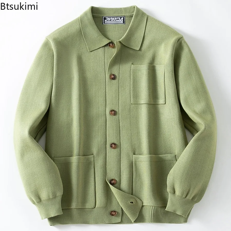 High Quality Men's Solid Color Knitted Sweaters Fashion Shirt Collar Casual Knit Cardigan Coats Spring Autumn Men Sweater Jacket