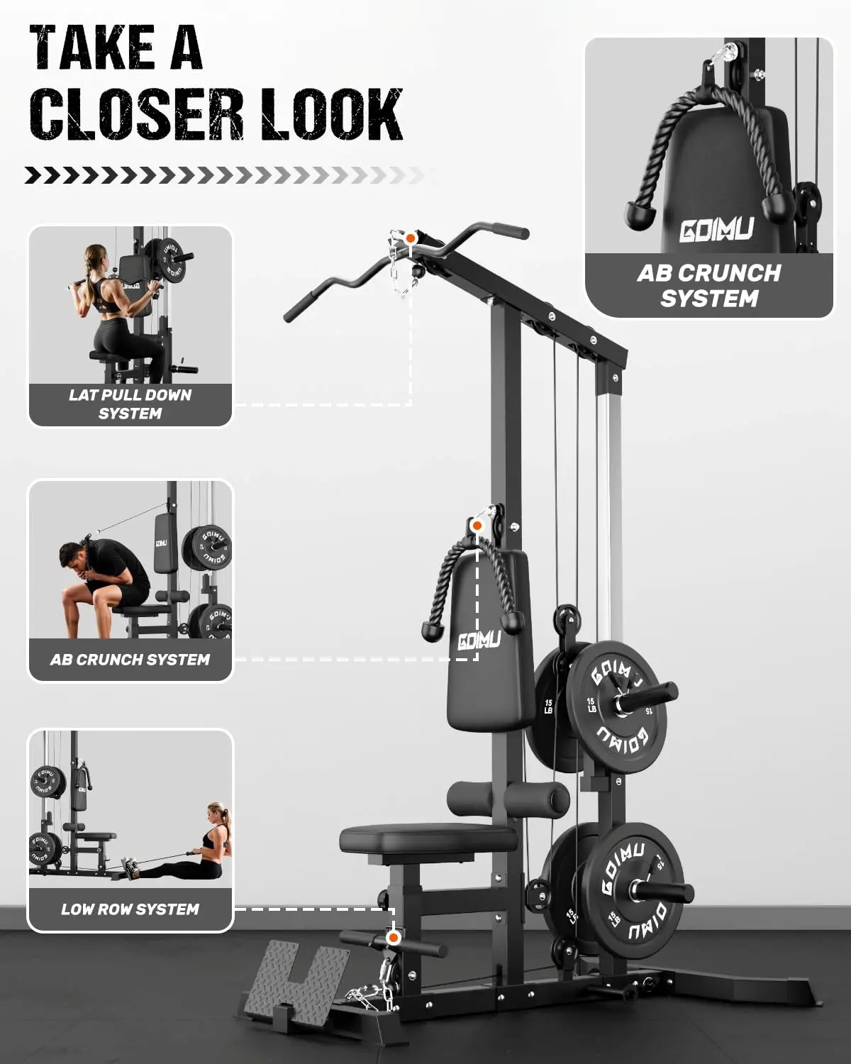 LS01 LAT Pulldown Machine, LAT Row Cable Machine with AB Crunch, LAT Tower with Cable Row Attachments, 3 in 1 Pulley image 3