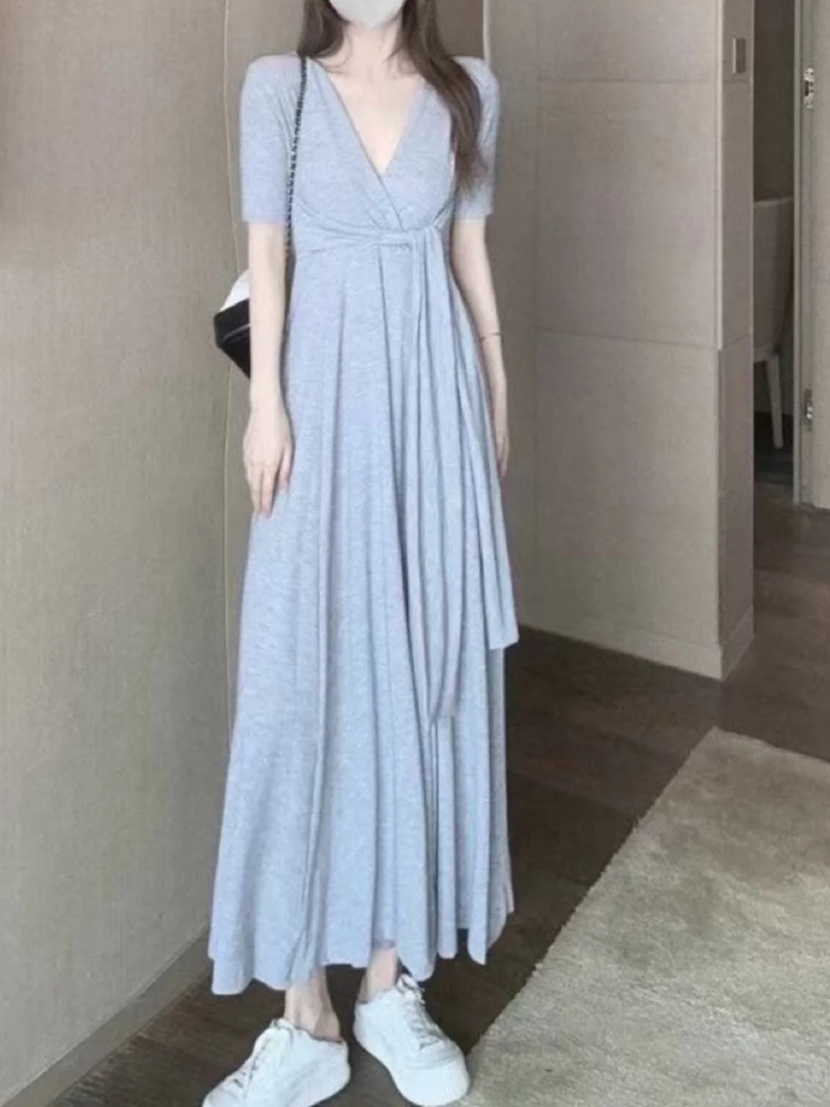 Ele coupe basse v-ne Midi Dr été coréen Sle ample a-ligne ort Sve t-shirt Dr Modal coton taille haute jupe longue