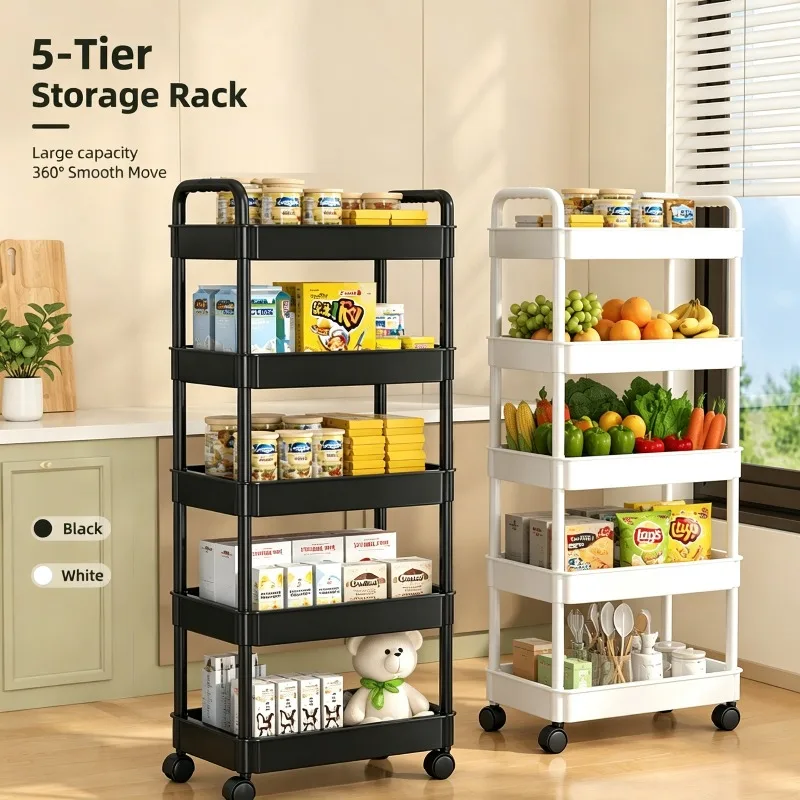 Image of 5-stöckiges mobiles Aufbewahrungsregal mit Rollen, 360° drehbar ° Räder für Küchen- und Badezimmer-Obst-, Gemüse- und Snackhalter