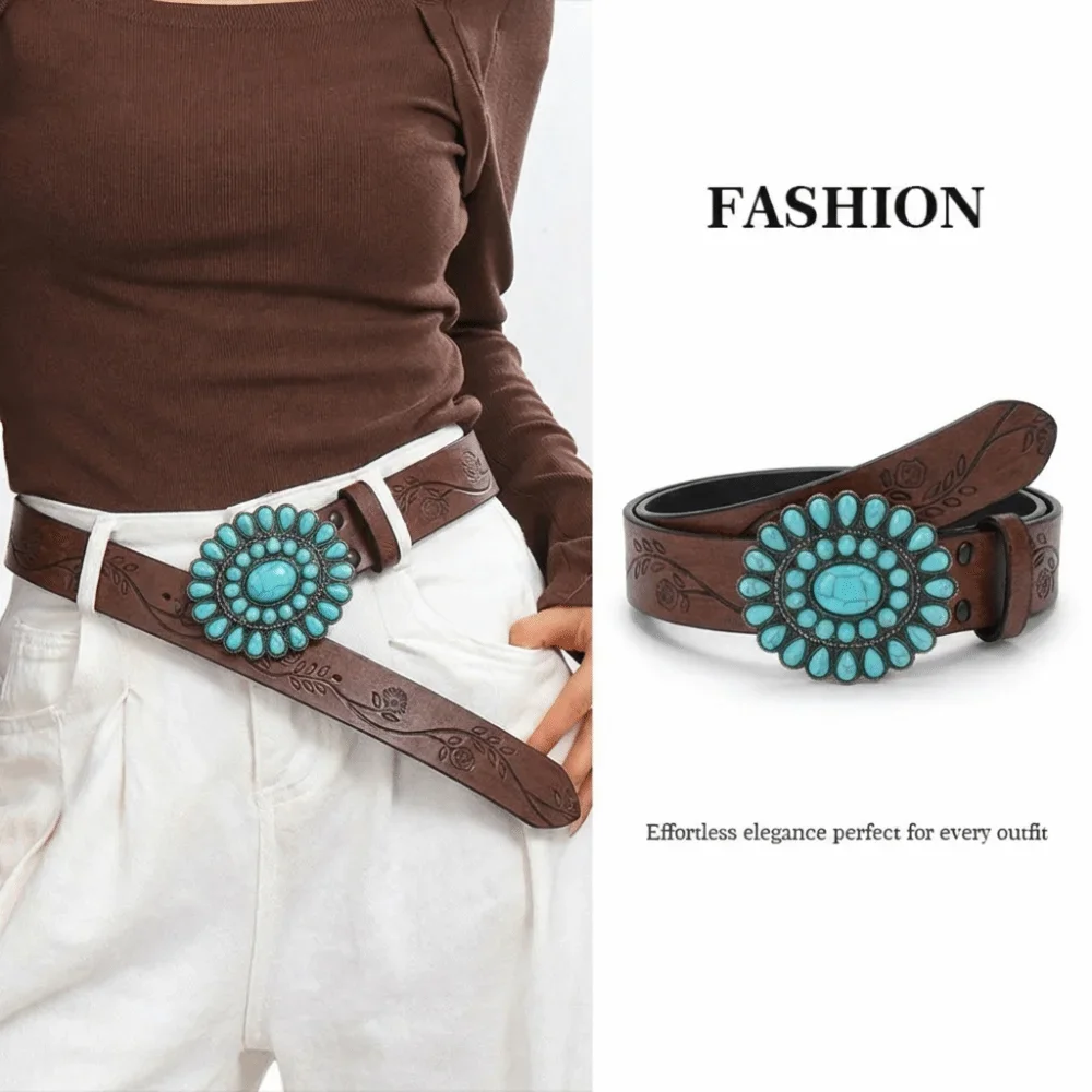 Adjustable Women's Western Bohemian Belt Oval Turquoise Buckle High-End Sense Waist Belt Brown Embossed PU Dress Waistband
