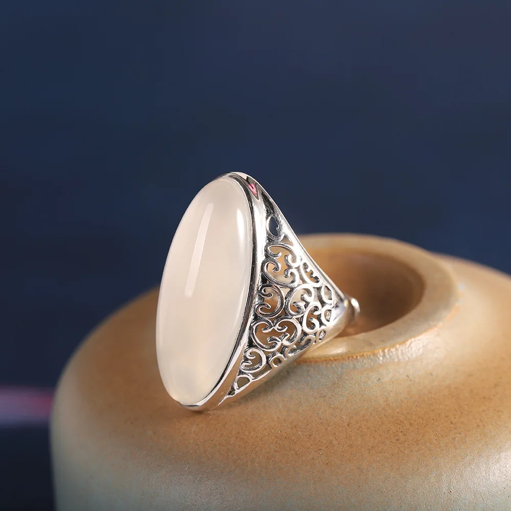 BOCAI NEW S925 Silver Temperament Hollowed Out Black Agate Blue Sandstone Open Ring Women's Gift