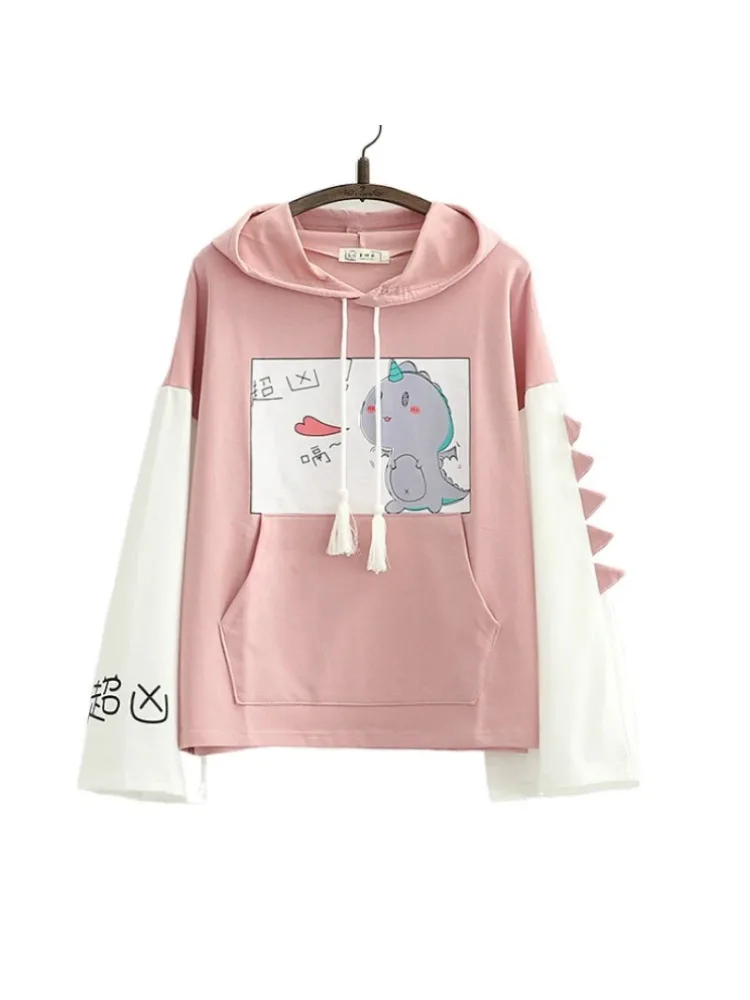 

Dinosaur Print Hooded Sweatshirt With Horn For Women 2021 Autumn Long Sleeve Harakuju Hoodies Sweet Style Cotton Tracksuits