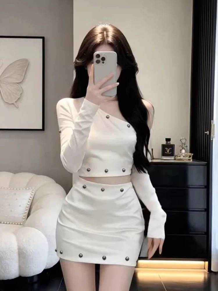 

Slim Fit Long Sve ort Skirt Set Women's Faion Spring Collection High Waist Pure Color Commute Sle Micro Stretch