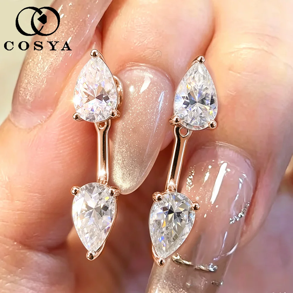 COSYA 4cttw Pear Cut Real Moissanite Stud Earrings For Women S925 Silver Plated 18K Gold Double Stone Detachable Dianty Jewelry