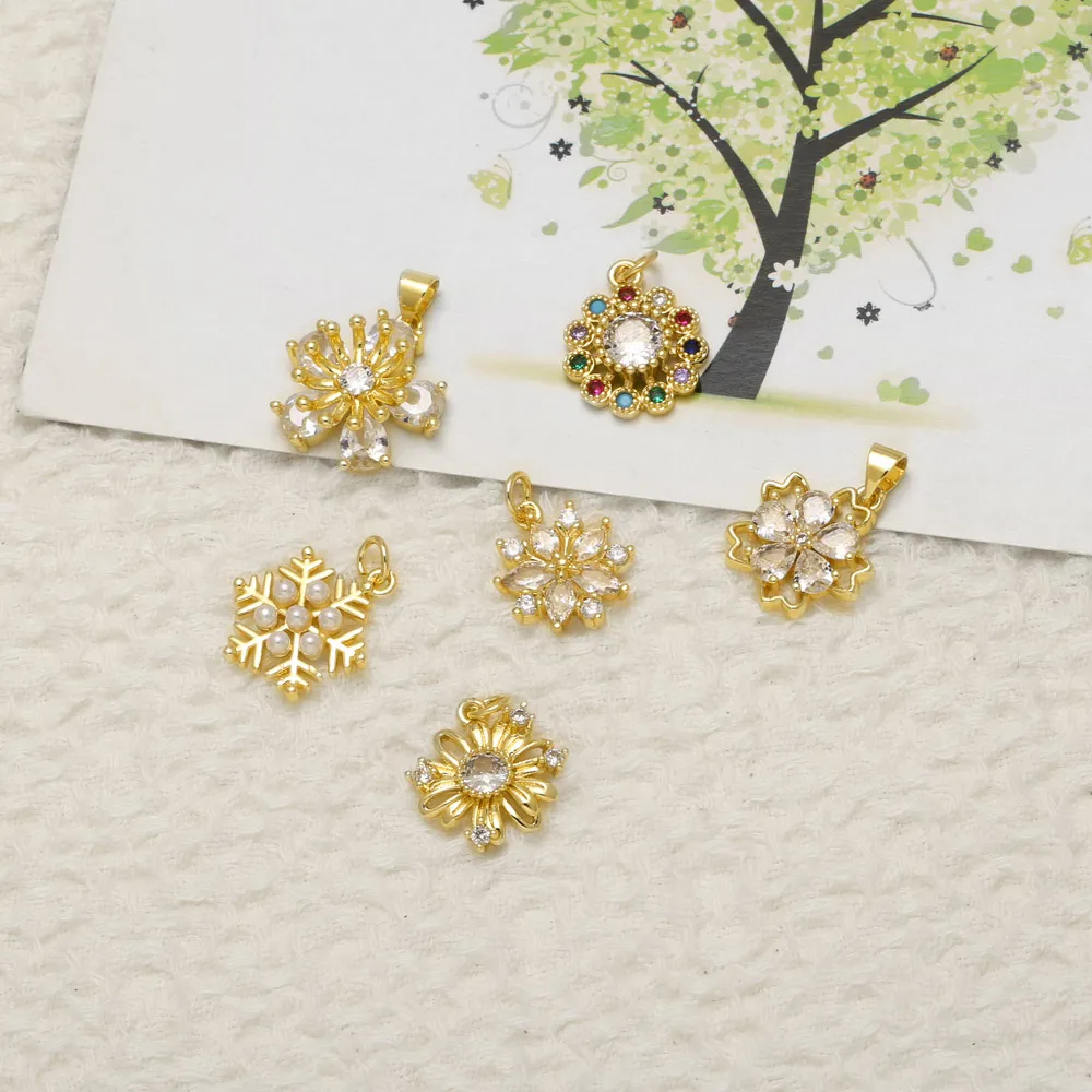OCESRIO Small Flower Snowflake Gold Plated Copper Crystal Pearl Pendants for Necklace Jewelry Making Supplies DIY chma327